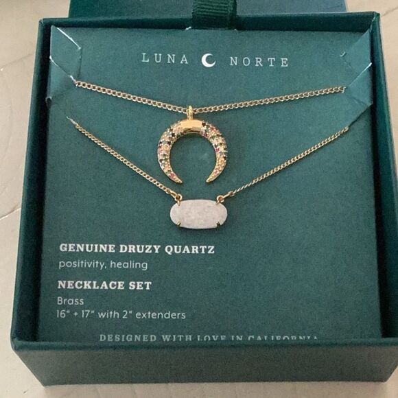 LUNA NORTE NIB NECKLACE SET BRASS GENUINE DRUZY QUARTZ POSITIVELY HEALING - Picture 5 of 6